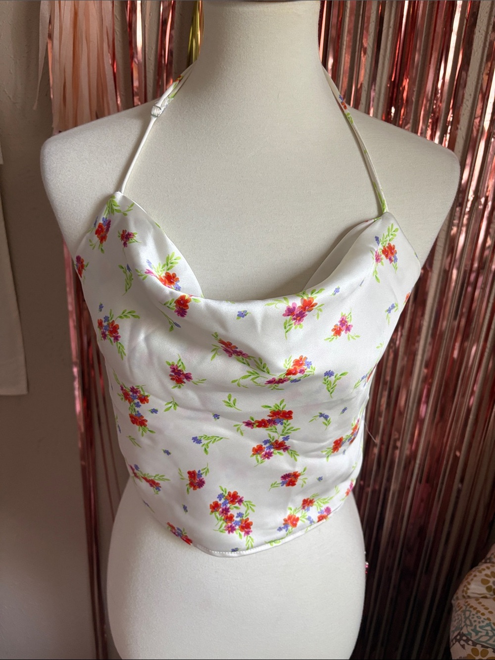 Zara Cream Floral Halter Crop Top with Pink and Green Florals